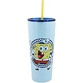 Silver Buffalo Spongebob Squarepants Happy Jazz Hands Double Walled Stainless Steel Tumbler with Straw, 22 Ounces
