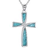 YAFEINI Turquoise Cross Necklace S925 Sterling Silver Cross Pendant Necklace Green Stone Gifts for Women Female Mom Religious Jewelry