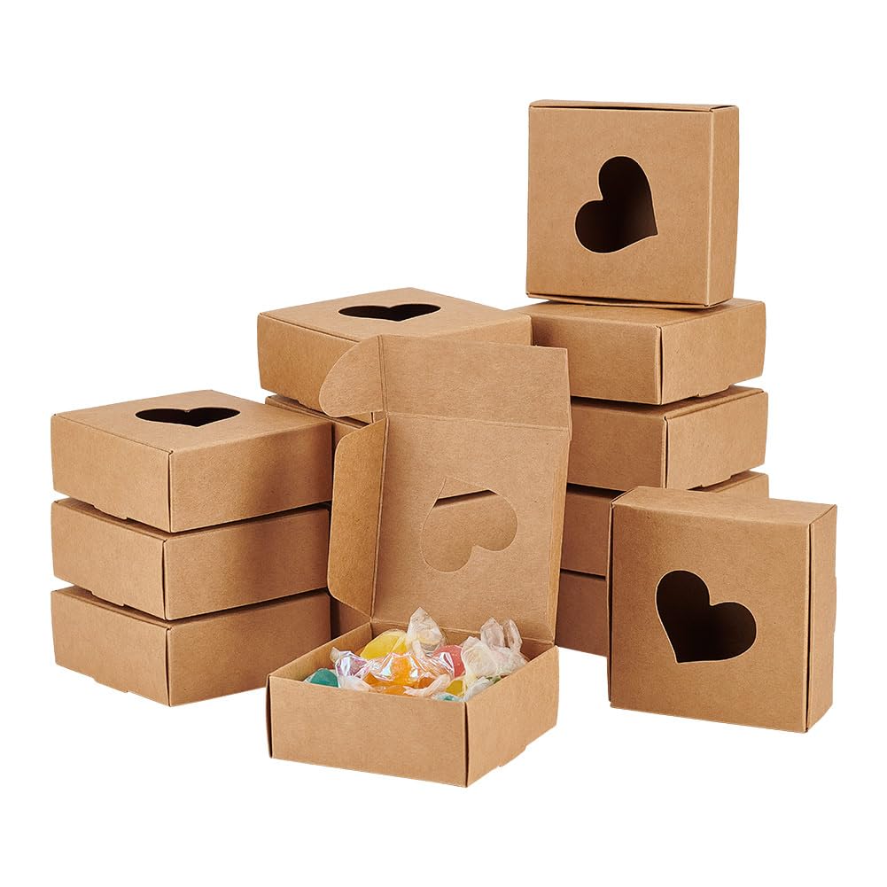 BENECREAT 30 Packs Kraft Paper Boxes with Heart Shape Window 3x3x1.2 Cardboard Gift Boxes for Party Favor Treats and Jewelry Packaging