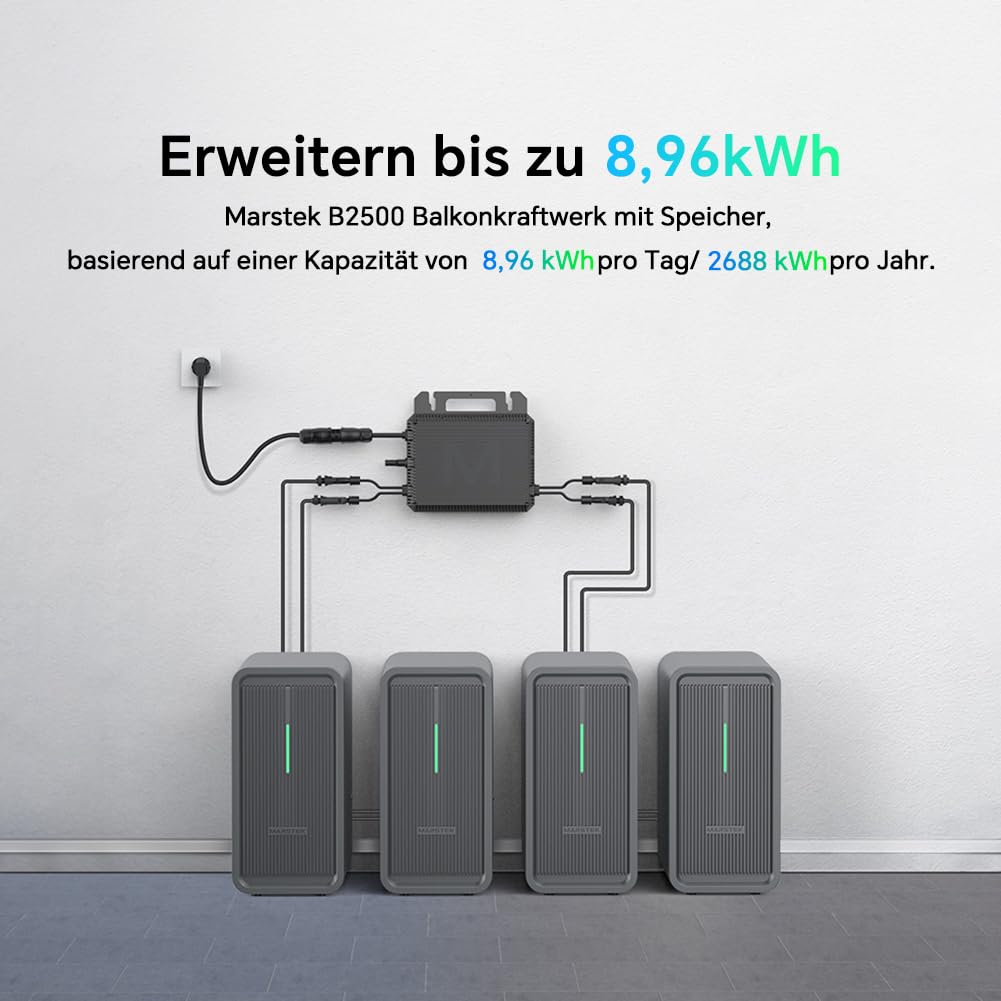 Marstek B2500 Balkonkraftwerk mit Speicher: 0% MwSt, 2240Wh LiFePO4 Akku Solarbank Speicher, 2 MPPTs, 1600W Max. PV Solareingang & 800W DC-Ausgang, App-Steuerung, IP65, Plug&Play, 6000 Ladezyklen 6