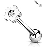 COCHARM G23 Titanium Tongue Ring-Clear CZ Flower Design, 14G Flat Top Surgical Steel Tongue Piercing Jewelry for Women, 16mm Long Nickel Free Tongue Barbell