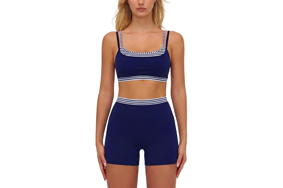 ABOCIW Layered Workout Sets for Women 2 Piece Polka Dot Sports Bra High Waist Shorts Gym Active Yoga Pilates Outfits