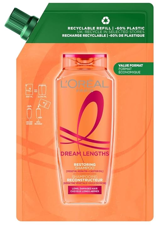 L'Oréal Paris Elvive Dream Lengths Restoring Shampoo Recyclable Refill Pouch, with Vegetal Keratin & Castor Oil, for Long Hair, Suitable for all hair textures, -60% less plastic, Value format, 500ml