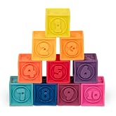 B. toys, One Two Squeeze Soft Building Blocks, 10 Pack, Blocks - 1, Baby | 10 soft blocks with numbers, shapes, colors, and animals; textured block play with reusable bag, Blocks - 1, Baby; 6+ Months