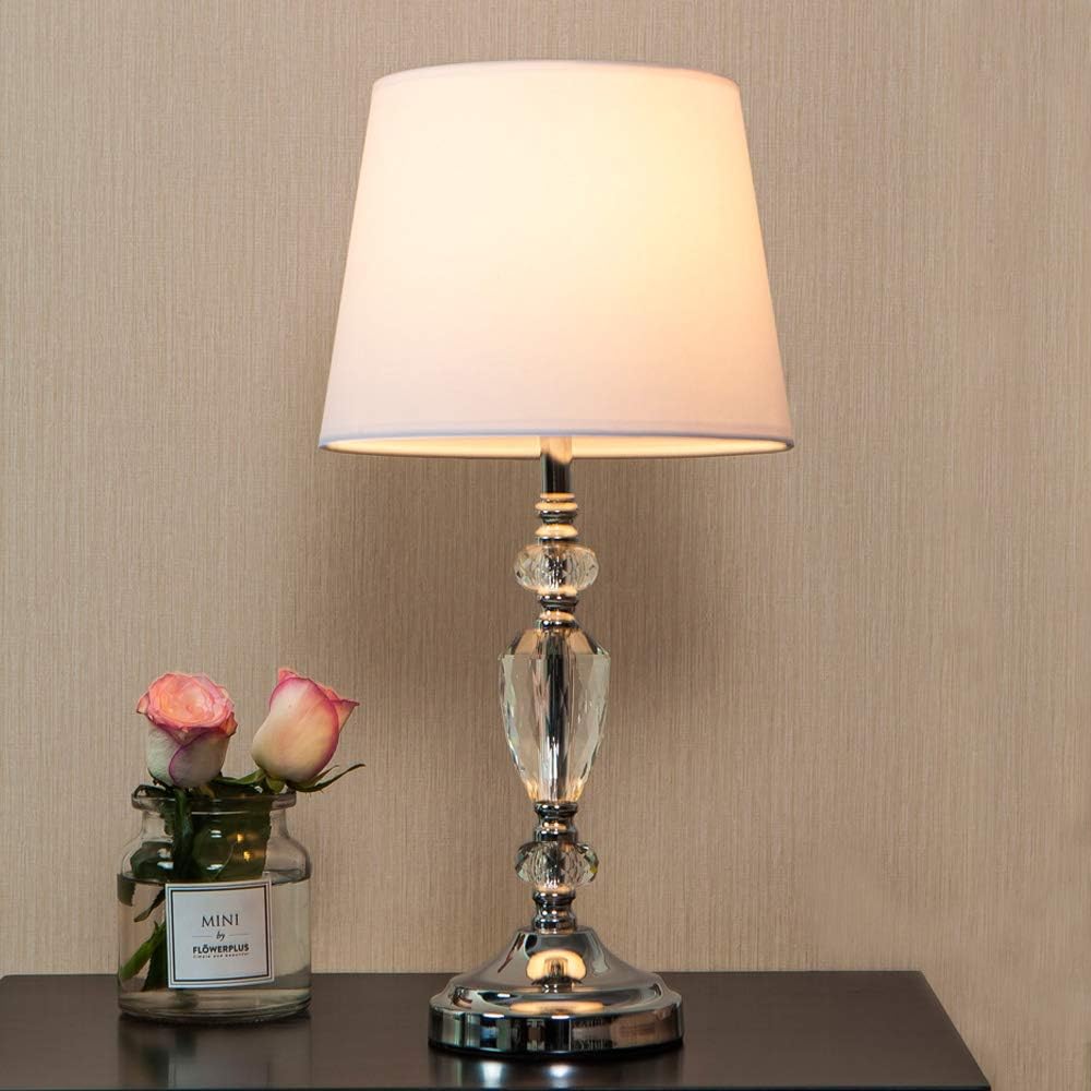 SEVETILKA Chrome Glass Decorative Bedside Crystal Table Lamp,Table Lamps with White Fabric Shade for Living Room Bedroom