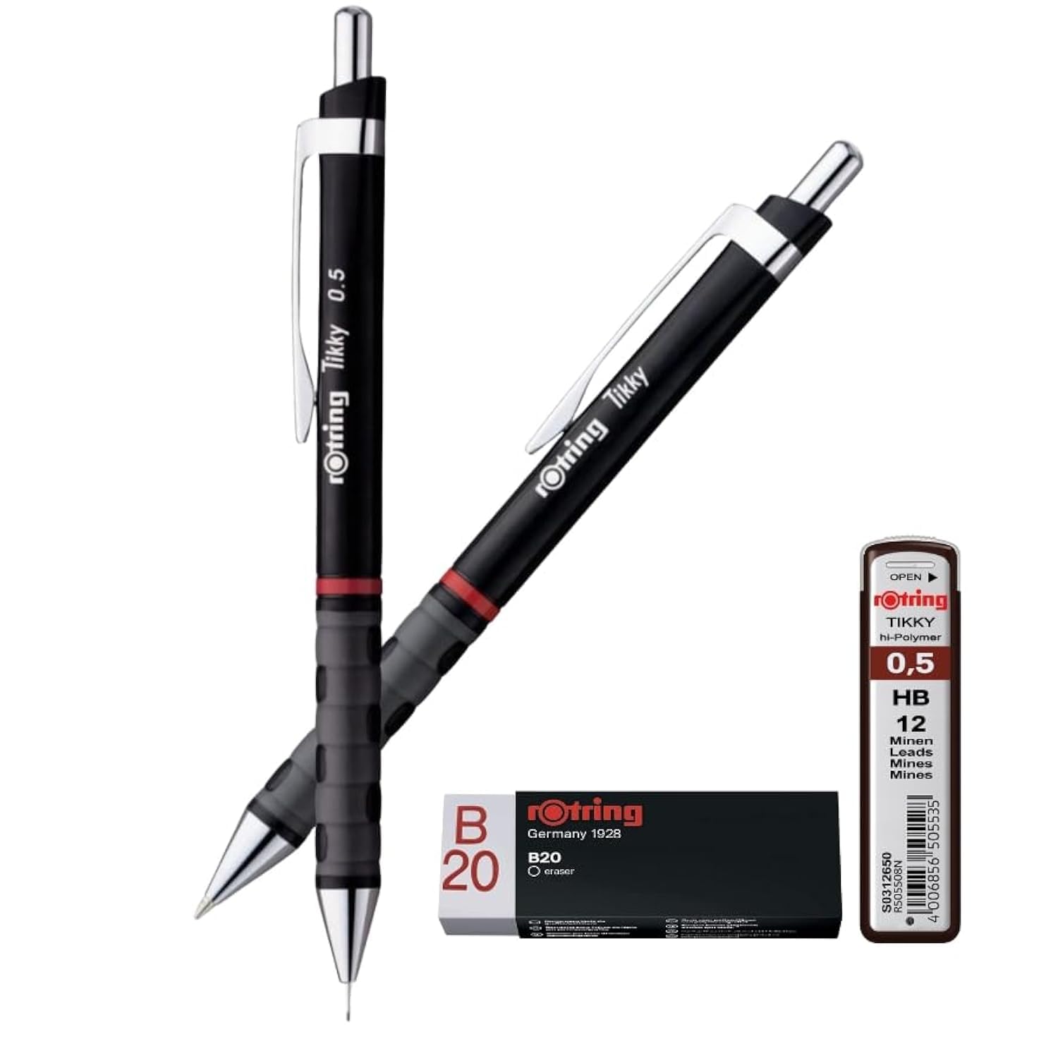 rOtring Tikky Lightweight Ballpoint & Mechanical Pencil | HB 0.5mm |Refills and Eraser B20