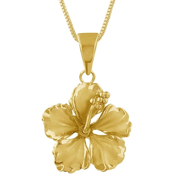 10K Yellow Gold Caribbean Hibiscus Flower Pendant With Cubic Zirconia Accents