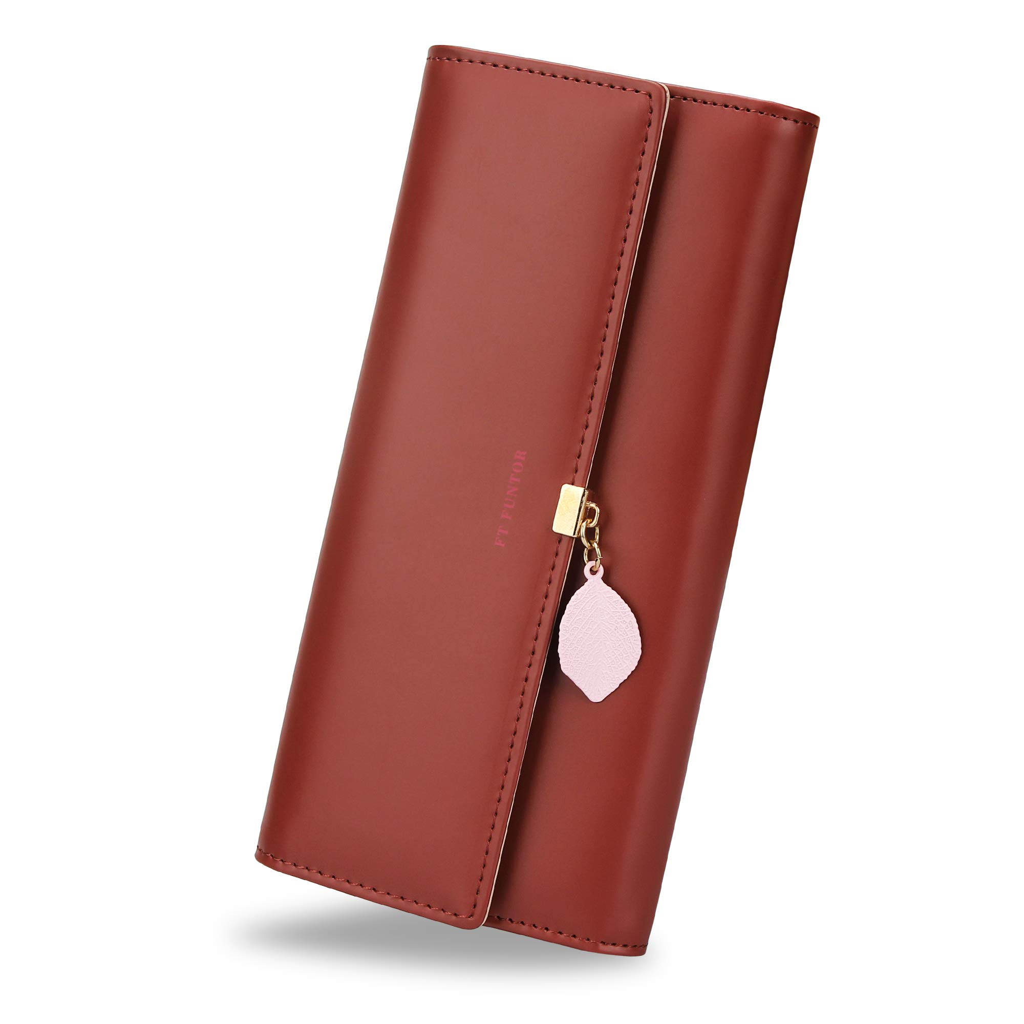 FT Funtor RFID Wallets for Women, Leaf Card Holder Trifold Ladies Wallets Coins Zipper Pocket with ID Window Large Wine Red