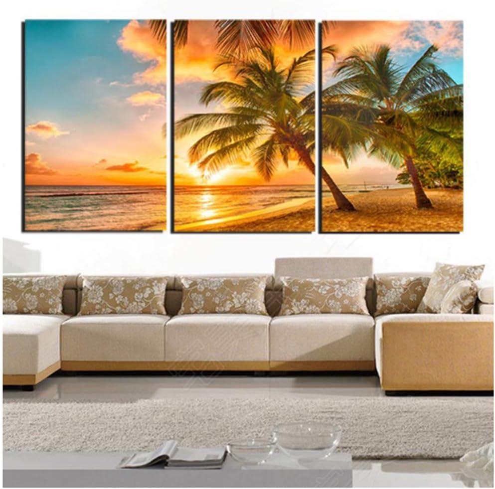 Modern Room Painting 3 Pieces Sunset Beach Coconut Tree Seascape Painting Wall Art Restaurant Home Decor 60x90cm No Frame Tree