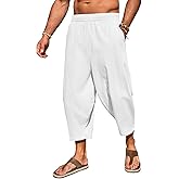 Runcati Mens Cotton Harem Capri Pants Yoga Beach Baggy 3/4 Shorts Pants Casual Elastic Waist Hippie Boho Pants