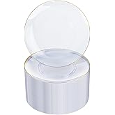 Nervure 100Pieces Clear and Gold Rim Plastic Plates - 7.5inch Disposabl Salad Dessert Plate - Clear and Gold Party Plates Ideal for Wedding & Party