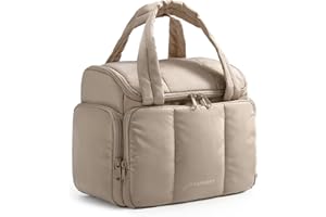 BAGSMART Toiletry Bag for Women with Dual-Padded Handles, Puffy Lightweight Makeup Bag for Makeup Accessories, Brushes Set, Travel-Sized Container, Camel