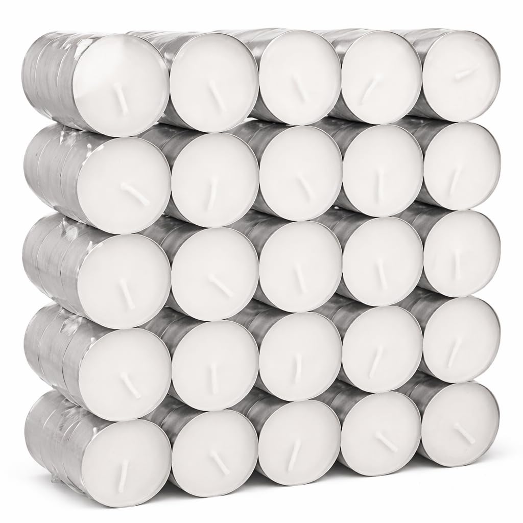 100 Pack 8 Hour Long Burning Unscented Tea Light Candles, Long Lasting, Cotton Wicks Ideal for Weddings, Birthdays, Parties, Restaurants, Massage Parlors, Spa