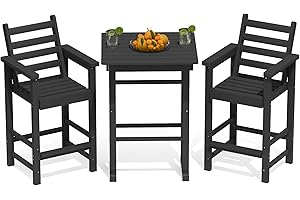 Kingdura Balcony Adirondack Chairs and Table 3 Pieces Set, Adirondack Bar Height Chairs Set of 2 with Matching Bar Table, HDPE Outdoor Bar Stools Set for Bistro, Garden, Poolside (Black)