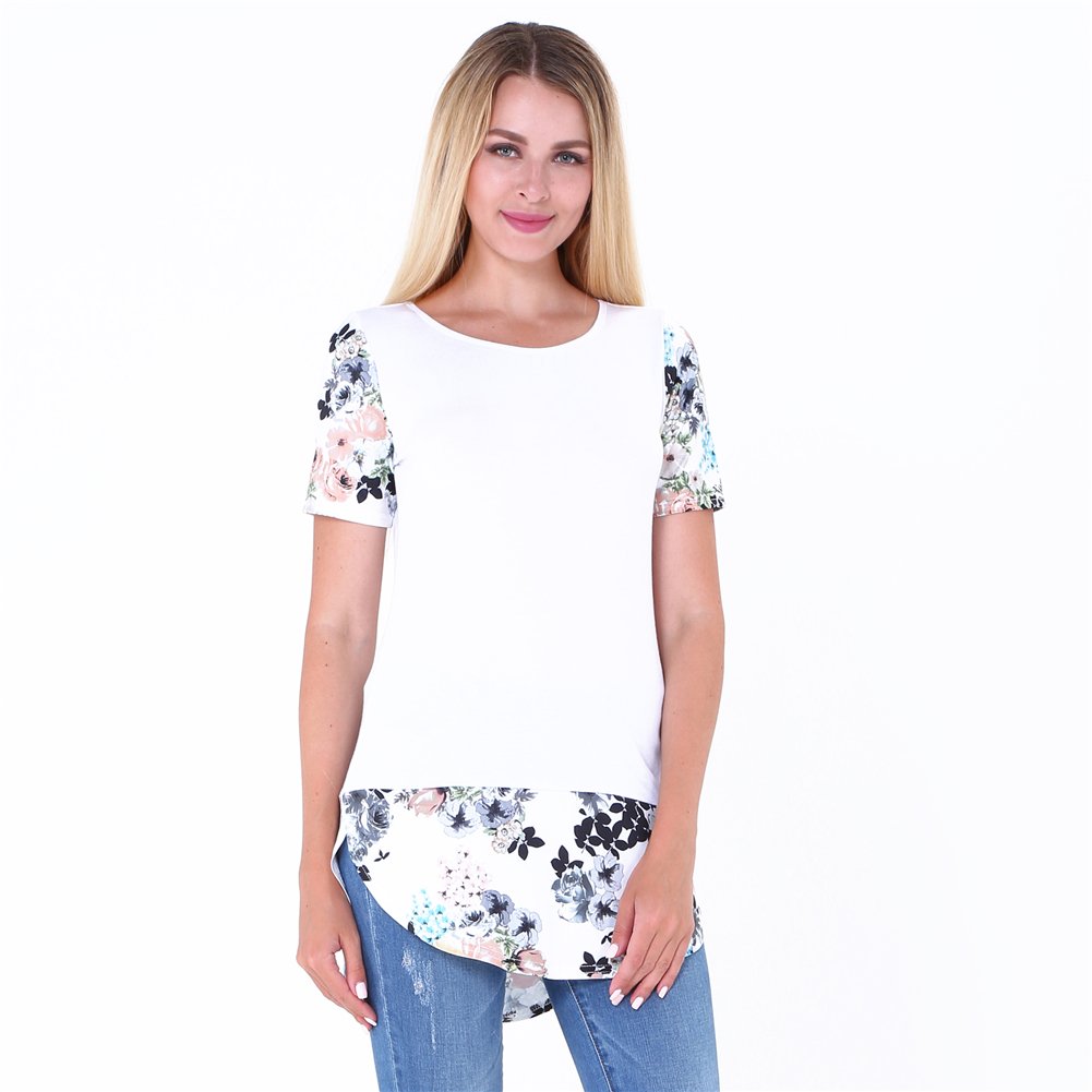 Floral Print White Short Sleeve T Shirt Loose Blouse Casual Tunic Tops Plus Size XL