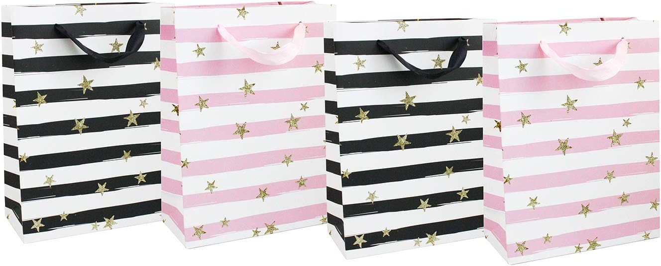 Emartbuy Set of 4 Luxury Gift Bag Strong Laminated Paper Mixed Colours 26 x 32 x 10 cm - Glitter Stars - Black and Pink