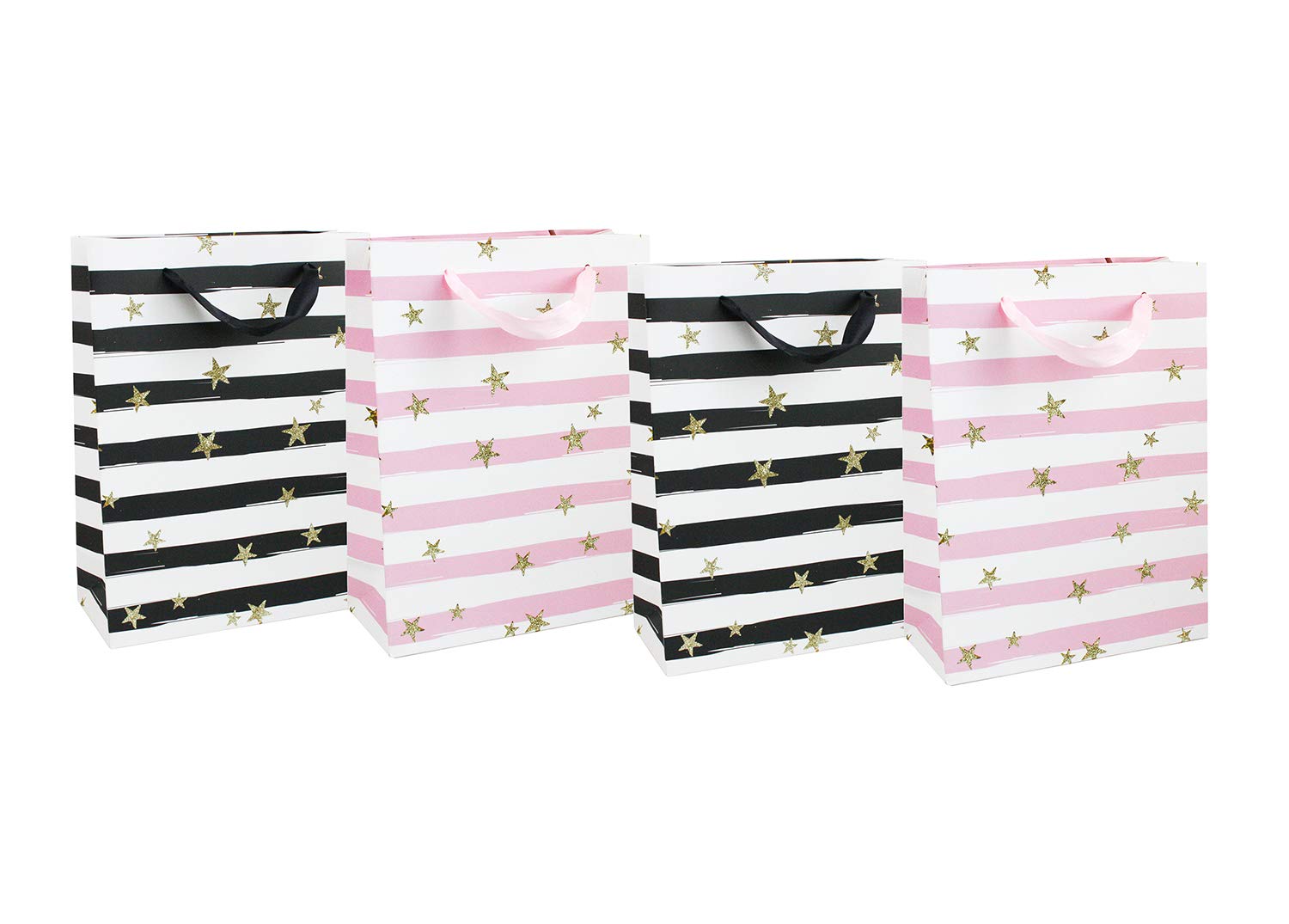 Emartbuy Set of 4 Luxury Gift Bag Strong Laminated Paper Mixed Colours 26 x 32 x 10 cm - Glitter Stars - Black and Pink