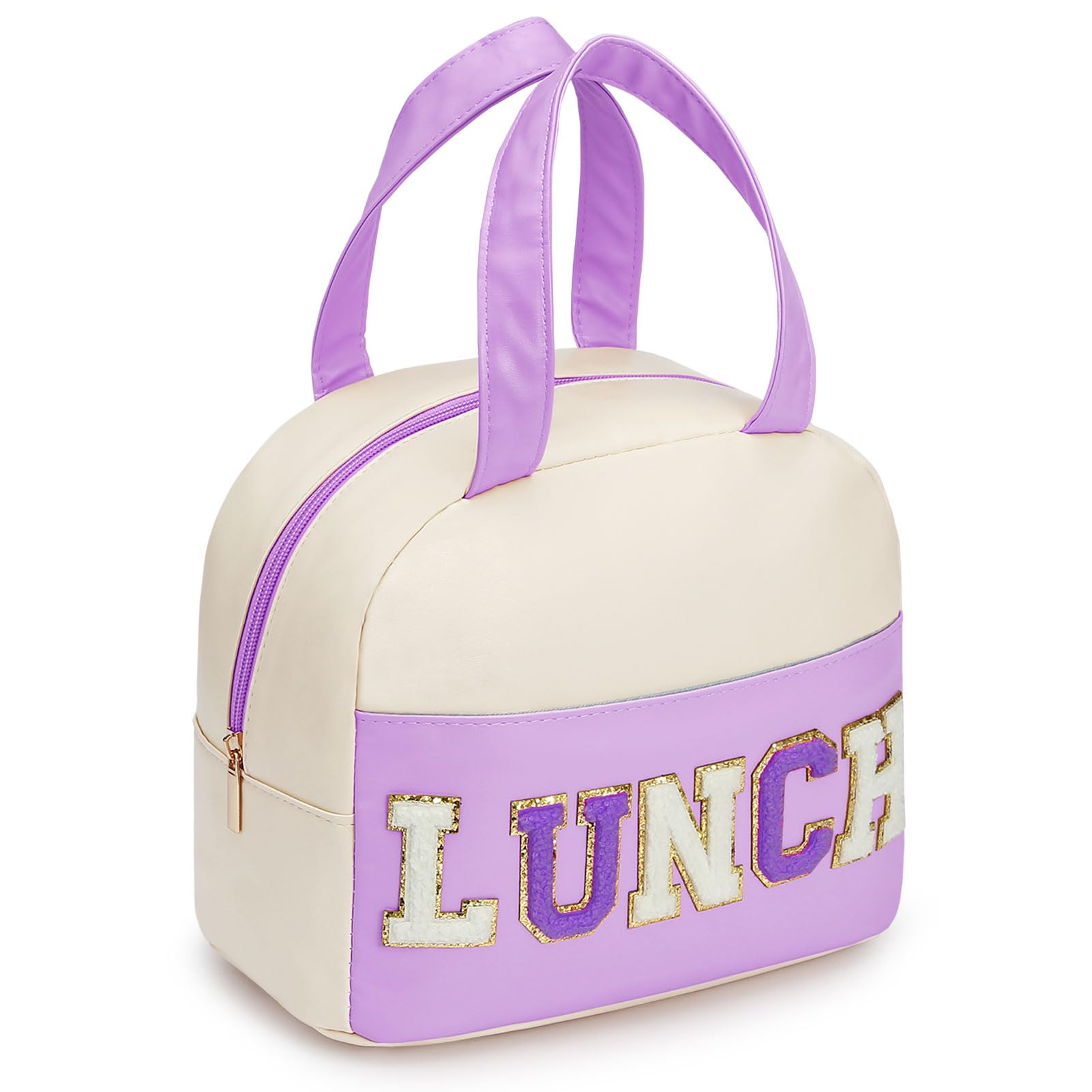 Photo 1 of DIRGEE Lunch Bag for Women Insulated For Men PU leather Small Office Work lunch with Chenille Letters Leakproof Freezable Cooler Reusable Portable Box (White&Purple)
