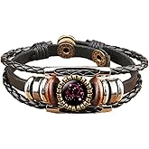 COLORFUL BLING 12 Zodiac Constellation Bracelets Leather Multilayer Braided Rope Crystal Glass Hand Woven Cuff for Women Men Punk Rock Jewelry