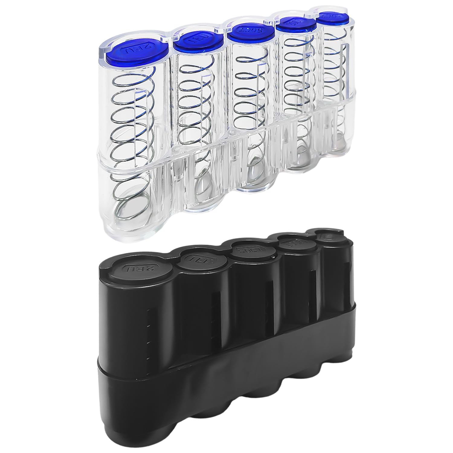 2 Pieces 5-Hole Coin Sorter, Spring Coin Box, Coin Sorter, Suitable for Waiters, Drivers, Salesmen (Black, Transparent Color)