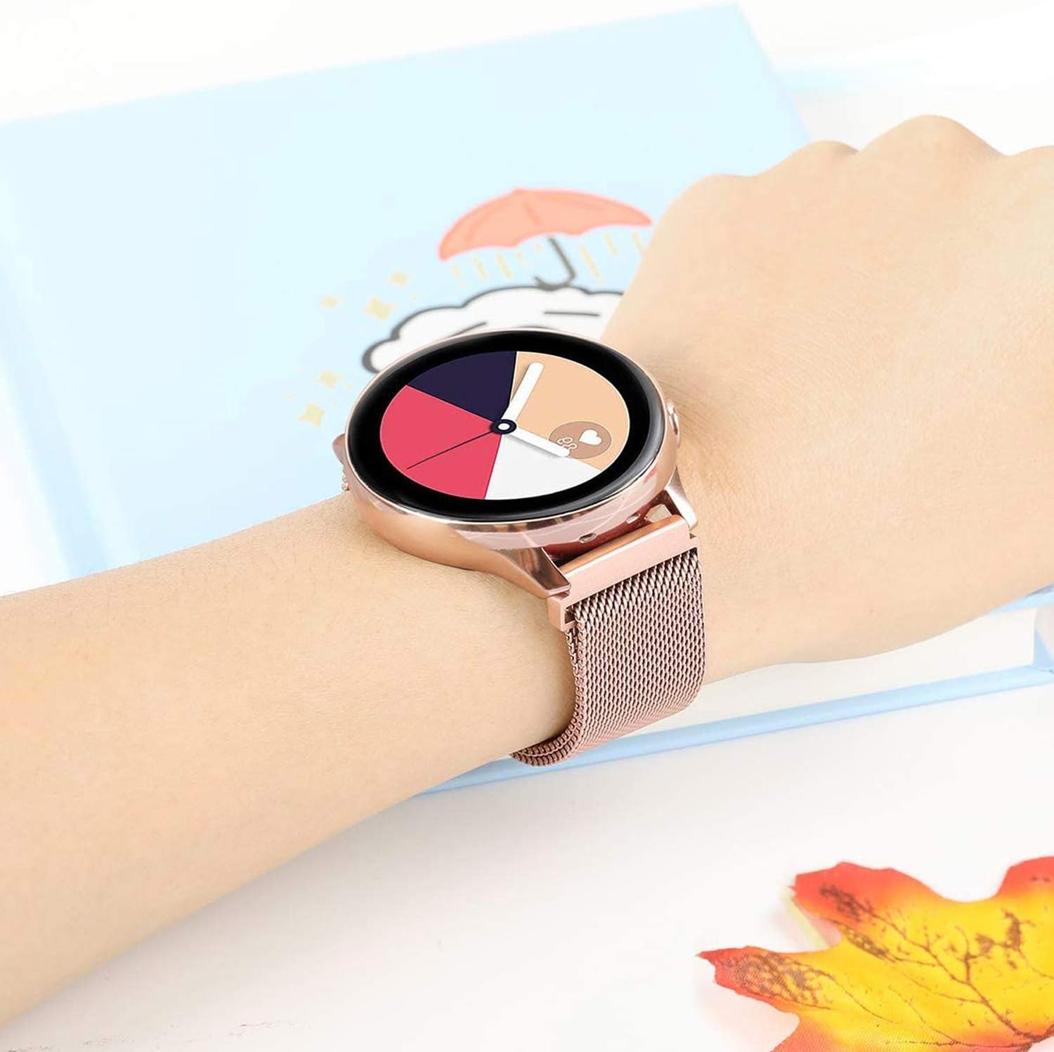 Morsey Compatible with Samsung Galaxy Watch (42mm)/Galaxy Watch Active/Active2 Bands, 20mm Stainless Steel Mesh Loop Replacement Bracelet Strap for Galaxy Watch 42mm/Gear Sport Smartwatch (Rose gold)