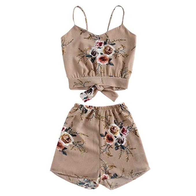 TUDUZ Shorts und Top Sets Damen Sommer Strand Zweiteiler Schulterfrei Sunflower Printed Beachwear Chiffon Boho Ärmellos Crop 