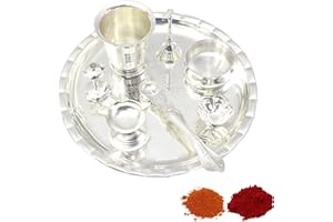 BENGALEN Silver Plated Pooja Thali Set 8 Inch for Festival Ethnic Subh Labh Design Puja Thali Gift for Diwali Home Temple Office Wedding Return Gift Items