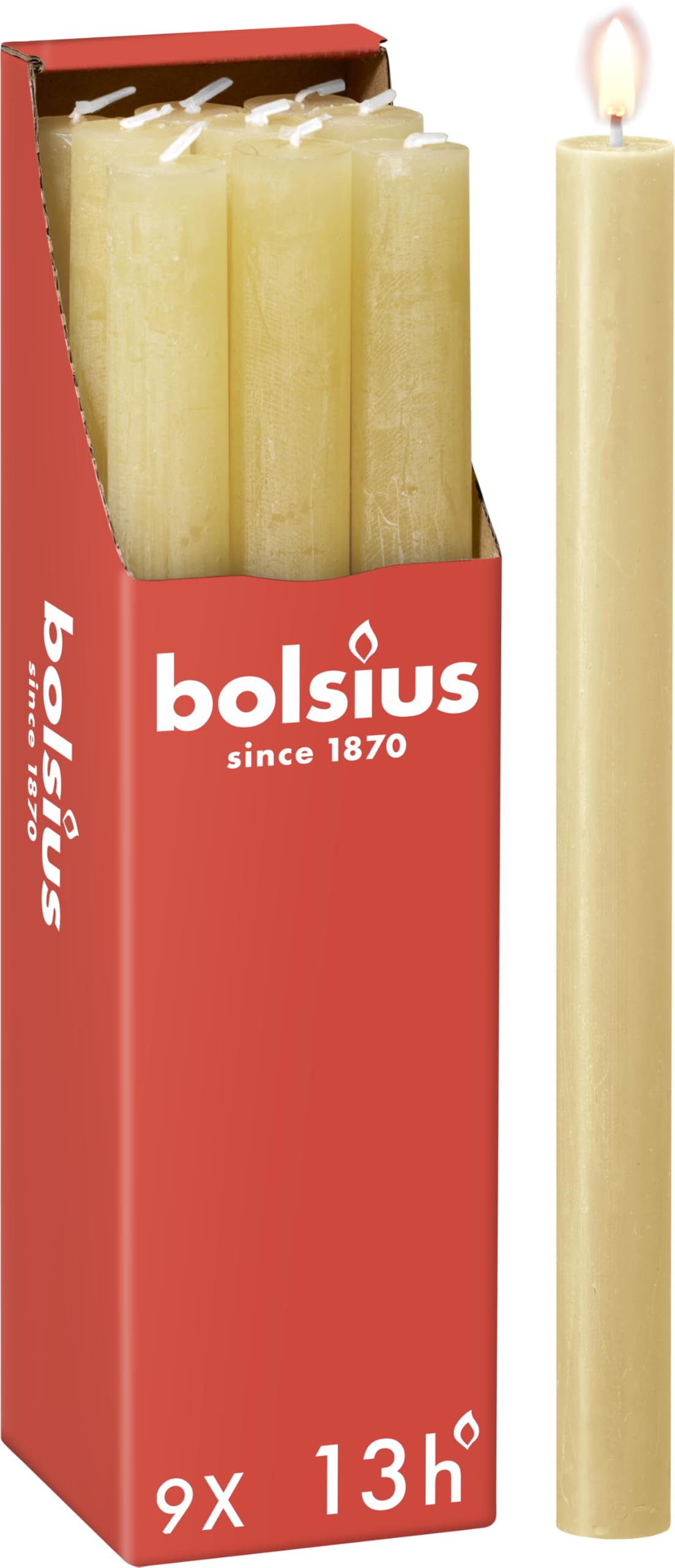 Bolsius Rustic Dinner Candles - Beige - Pack of 9 - Long Burning Time of 13 Hours - Household Candle - Interior Decoration - Unscented - Includes Natural Vegan Wax - 27 x 2.3 cm — image 1