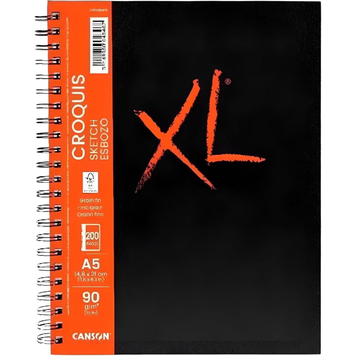 CANSON XL Sketch 90gsm A5 Paper, Fine Grain, Spiral Pad Long Side, 100 Sheets, For Professional Artists & Students