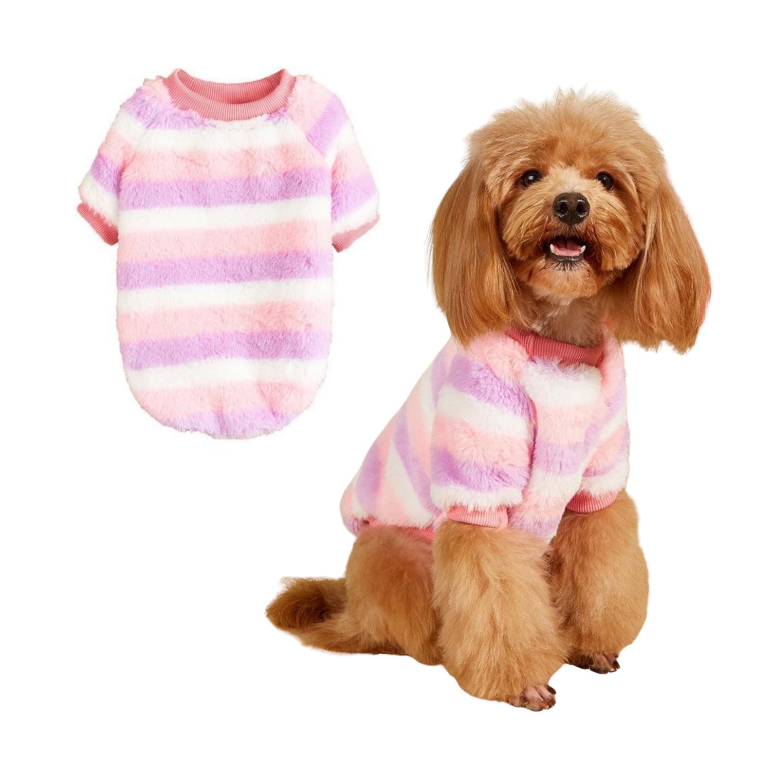 Small Dog Sweater,Dog Winter Warm Flannel Stripe Onesie Pajamas, Pet Colorful Cold Weather Pullover Coat for Cats Small Dogs_XS(Pink) — image 1
