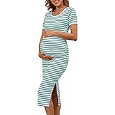 guruixu Crewneck Maternity Dress Ribbed Knit Short Sleeve Slim Fit Side Slit Bodycon Long Pregnancy Dress