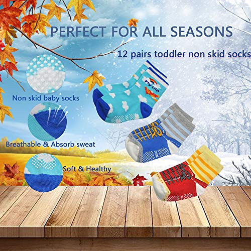 12 Pairs Toddler Non Skid Socks with Grips Anti Slip Bottom, Cotton Non Slip Ankle Crew Socks