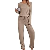 Leafsay Womens Pajama Set 2 Piece Long Sleeve Ribbed Lounge Sleepwear Matching Set Pjs Outfit with Pockets