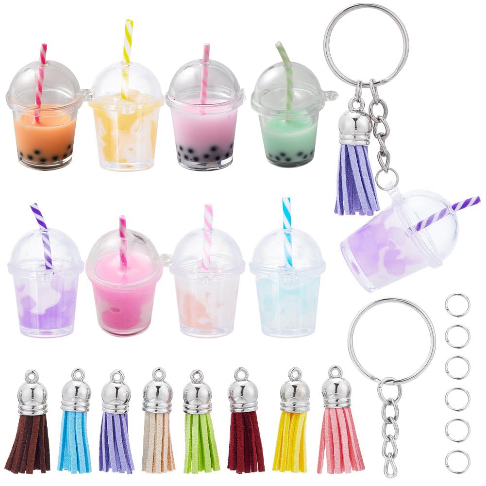 SUNNYCLUE 44Pcs DIY 8 Sets Milk Tea Charms Keychain Making Kit Bubble Tea Charms Bubble Keychain Bulk Milk Charm Summer Hawaii Ice Cream Charm for Jewellery Making Kits Keychains Supplies