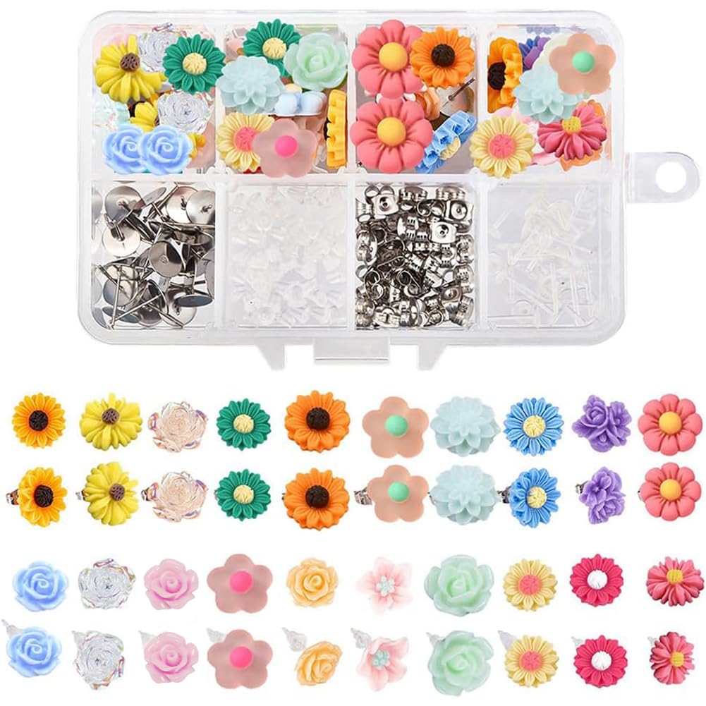 SUNNYCLUE 1 Box DIY 20 Pairs Mixed Resin Flower Flatback Cabochon Studs Earring Kit Resin Rose Daisy Charms with Stainless Steel Post for Jewelry Making Arts Craft Supplies