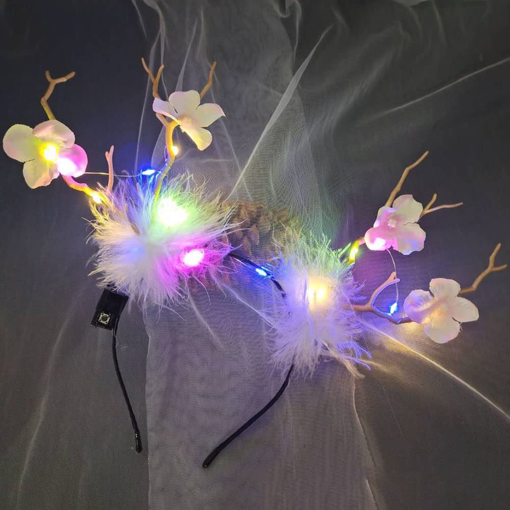 Wedity Christmas LED Light up Antlers Headbands Glowing Feathers Headband Tree Branch Hair Bands Party Decorative for Women 1PCS (Colour 3)