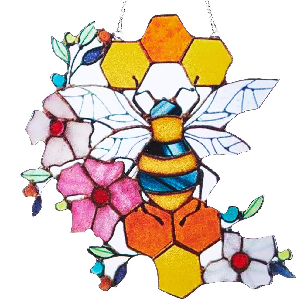 CREATCABIN Bees Stained Acrylic Suncatcher Honeycomb Window Hanging Decor Double Side Hand-Painted Ornament with Chain for Bee Lover Gift Mom 6.5x6.5 Inch