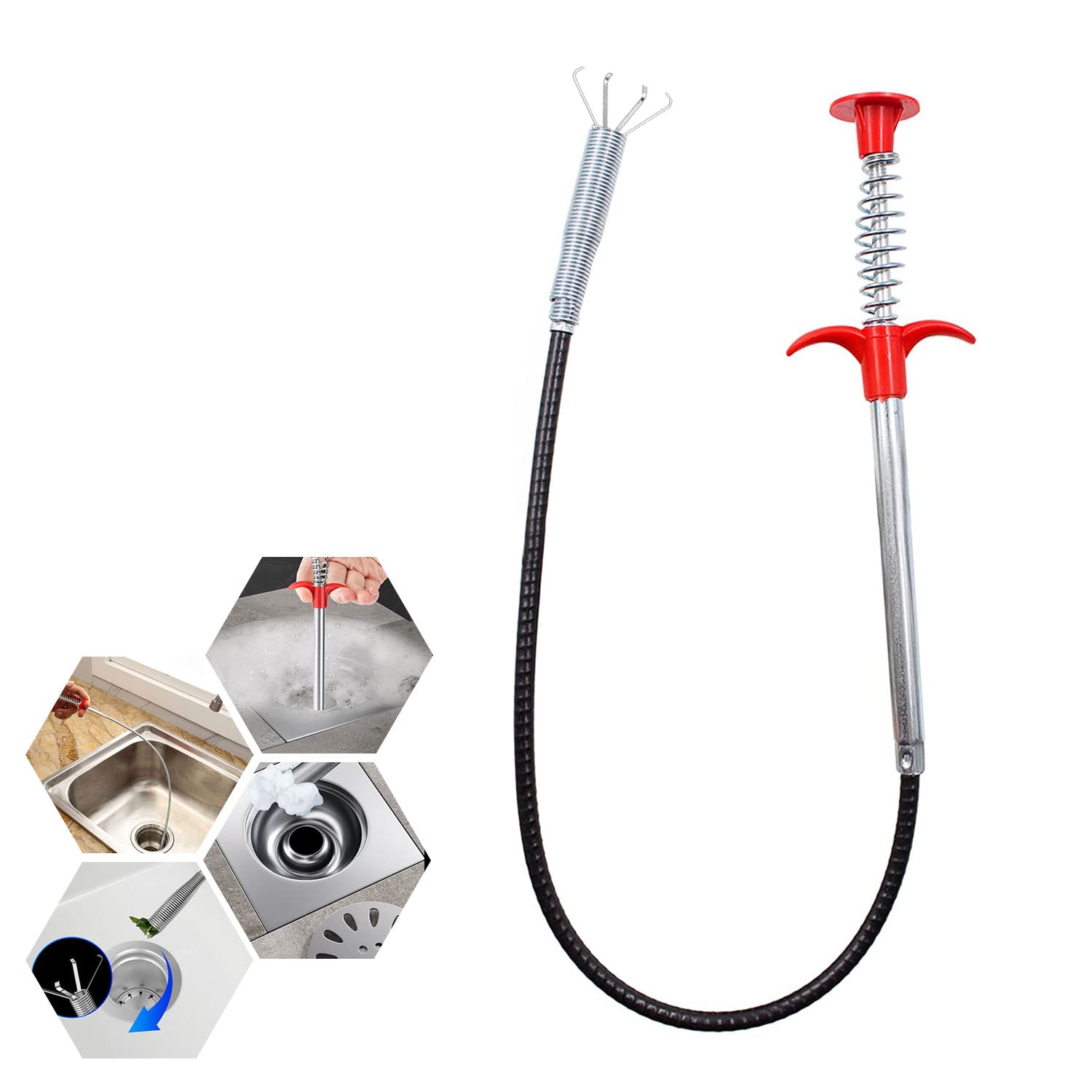 Drain Cleaner 56cm/22" Flexible Sink Cleaner Drain Rods Snake Drain Tool with Easy Use Reusable Kitchen Sink Cleaner Brush