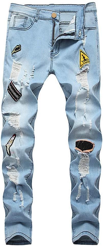 Men's Slim Tapered Jeans Knee Ripped Destroyed Biker Slim Fit Light Blue Wash Denim Jeans