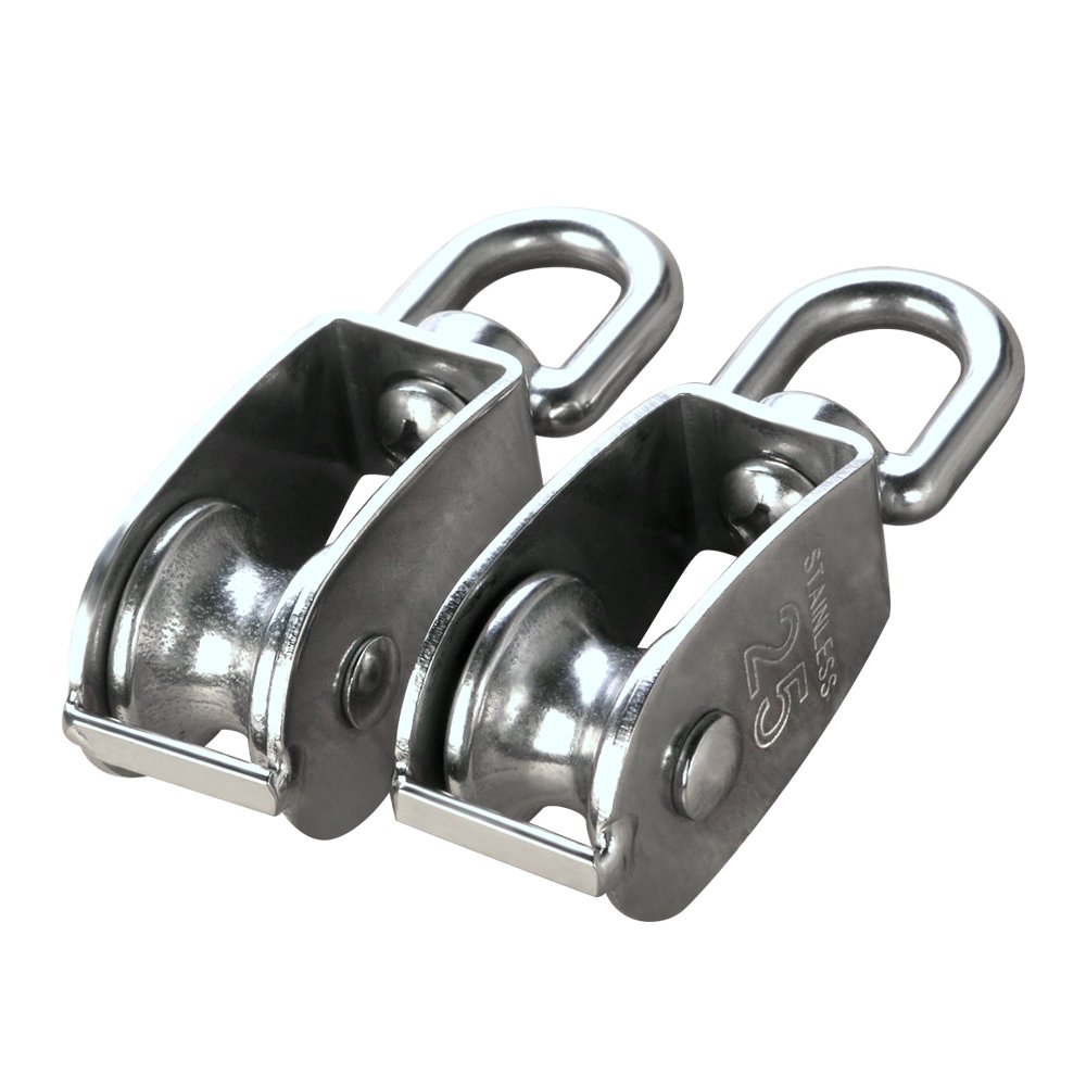 2Pcs M25 Silver Single Pulley Block 304 Stainless Steel Single Wheel Wirerope Traction Trolley Crane Swivel Hook Pulley Roller Loading 150kg(M25)