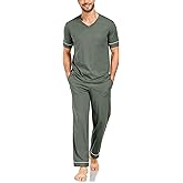COLORFULLEAF Mens 100% Cotton Pajamas Set Short Sleeve V-Neck Sleepwear Soft Loungewear Pjs with Pockets