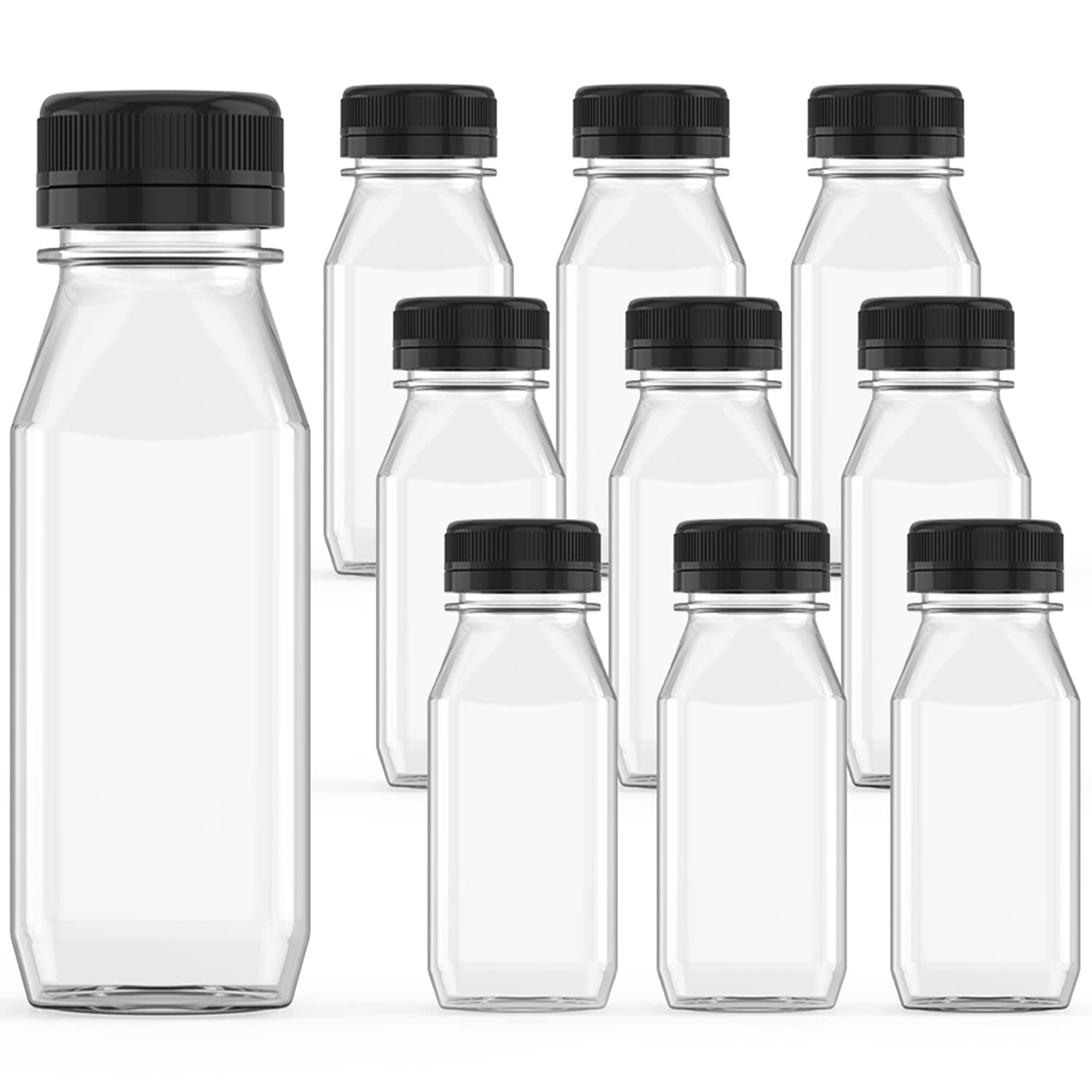Photo 1 of 10 Pcs 8 oz Plastic Juice Bottle Reusable Transparent Bulk Beverage Containers with Black Lids for Juice, Drinking Milkshake Tea, Milk, Juicing Smoothie Water and Other Beverages, Fridge Storage