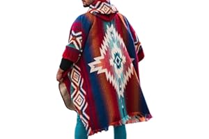 TACSTRUN Men's Aztec Mexican Poncho with Hood Wool Western Boho Fringe Adult Warm Winter Blanket Cape Outfit Shawl