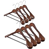 AMKUFO Wide Shoulder Wooden Hangers 8 Pack Coat Hanger with Non Slip Pants Bar, Heavy Duty Suit Hanger Wood Clothes Hangers with Smooth Finish 360° Swivel Hook for Sweater Jackets Shirts Walnut