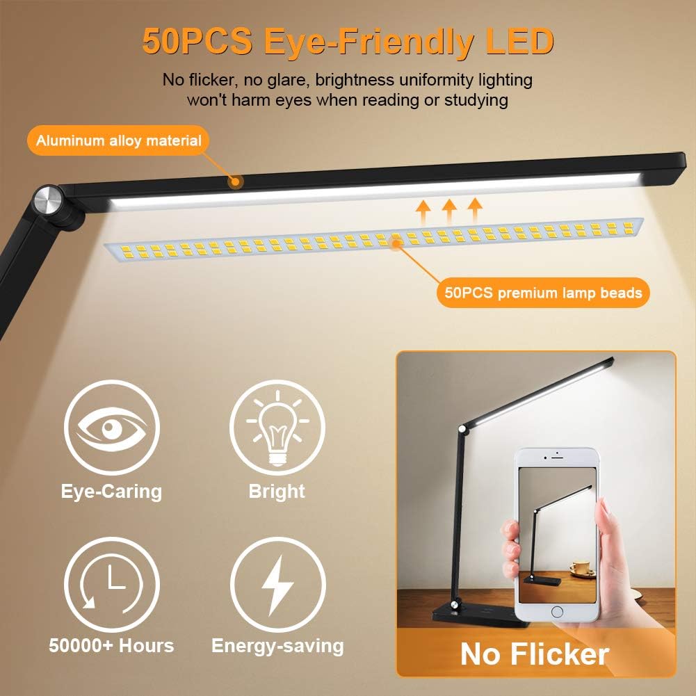 LED Desk Lamp, Desk lamp with Wireless Charger, USB Charging Port, Eye-Caring Desk Lamps for Home Office, 5 Lighting Modes and 3 Brightness Levels, Touch Table Lamp for Study, Work, Reading Light - - 