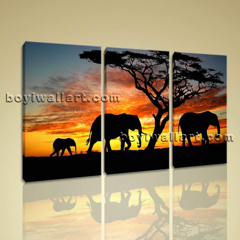 Hd Canvas Print Africa Landscape Tree Elephant Sunset 3