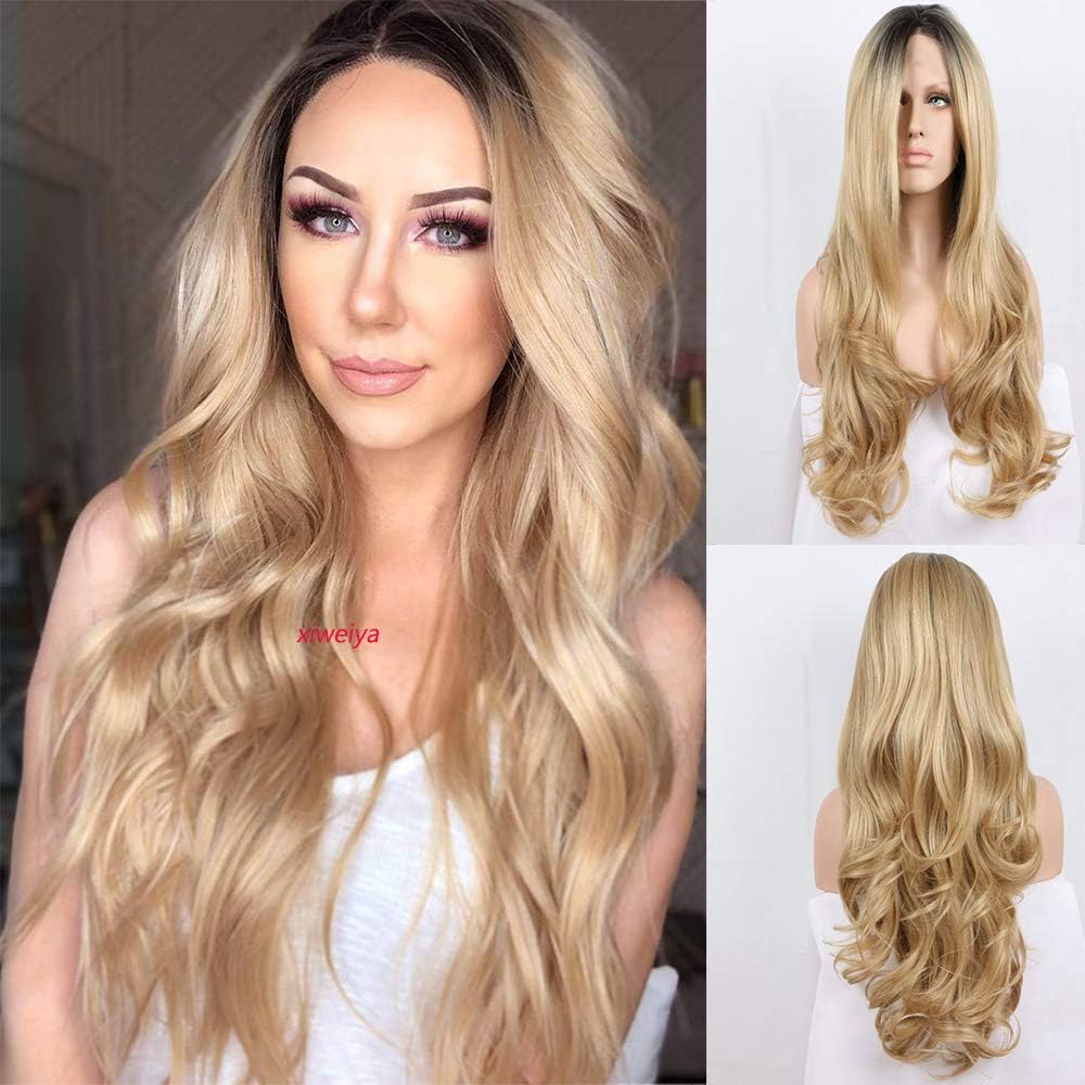 Xiweiya Long Blonde Synthetic Lace Front Wig - Wavy Side Part With Brown Root - Hair Replacement for Women Drag Queen Makeup 24inch