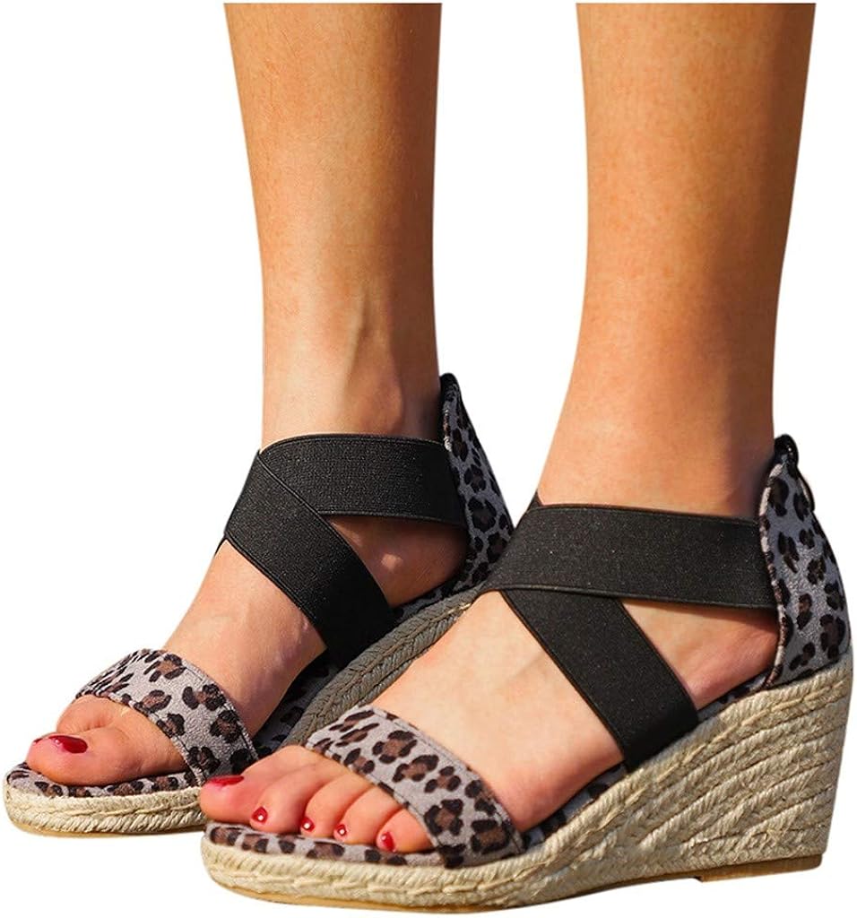 Amazon.com: Gahrchian Women Leopard Wedge Sandal Weave Sandals Slip-ons Shoes Holiday Canvas 