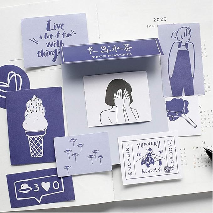 Amazon Tnyker シール フレークシール 手帳ステッカー 手描き イラスト 韓国風 スケジュール 手帳 ノート 手紙 カレンダー シンプル おしゃれ かわいい 60枚セット あおいver 1 文房具 オフィス用品 文房具 オフィス用品