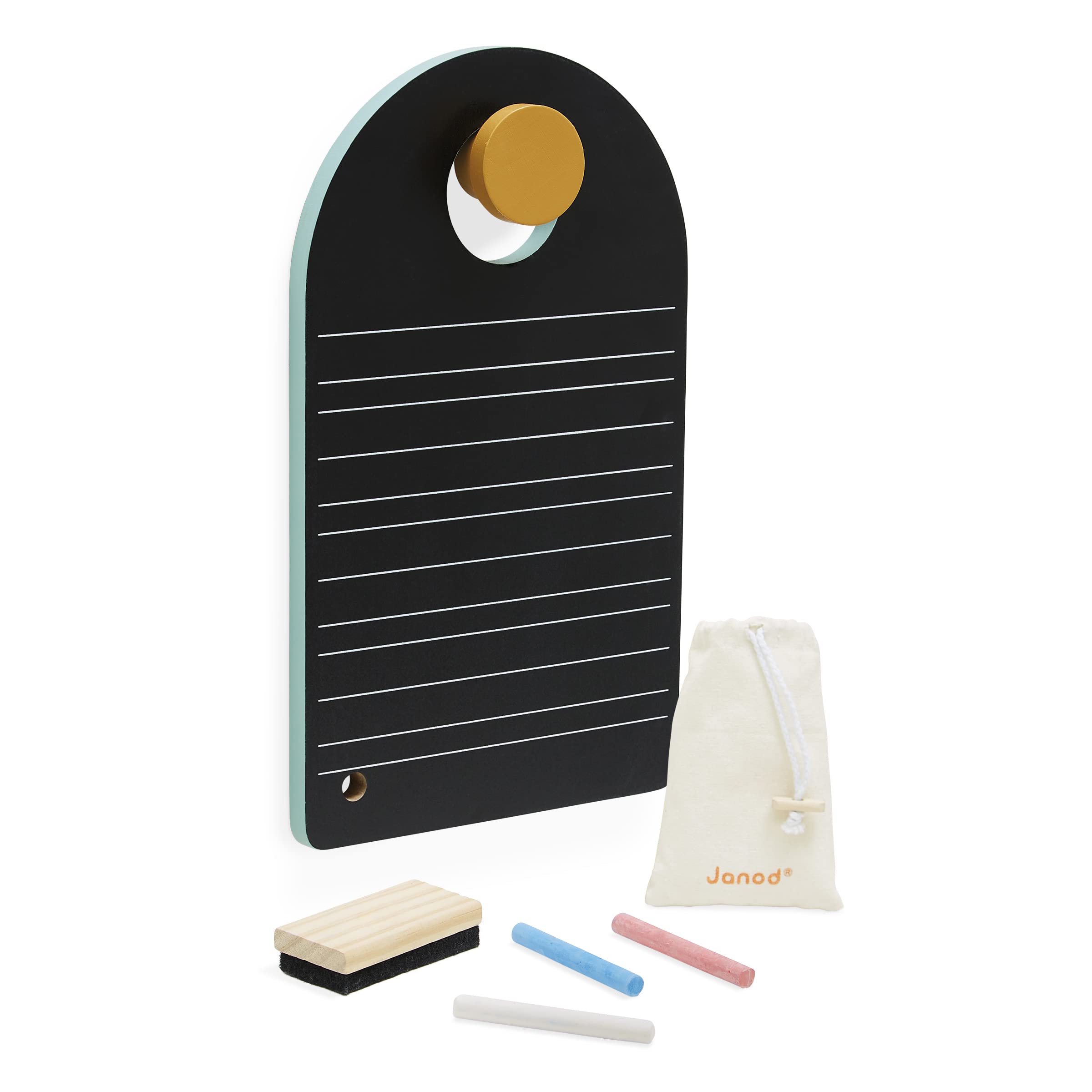 Janod - Double-Sided Portable Blackboard - Easy to Transport - Includes 3 Chalks + 1 Brush + 1 Bag - FSC Wooden Toy - 3 Years +, J09634